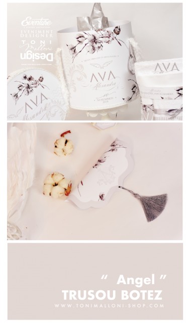 Trusou botez brodat pentru fetite cu broderie personalizata, flori bumbac si ingeri, Angels 4